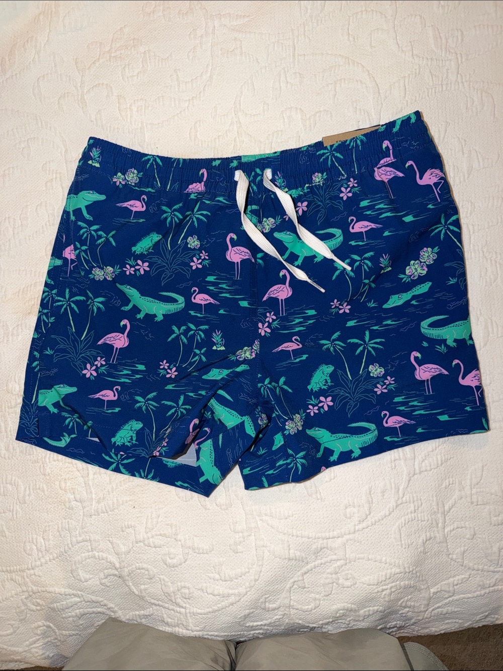chubbies Navy Swim Trunks with Pink Flamingos & Teal Alligators